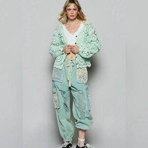 POL Mint Green Distressed Crochet Patch Jeans